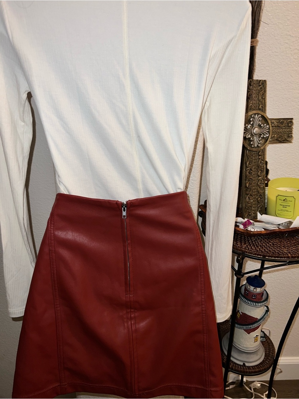 Tinseltown Faux Leather A-Line Mini Skirt in Brick Red - Picture 2 of 5